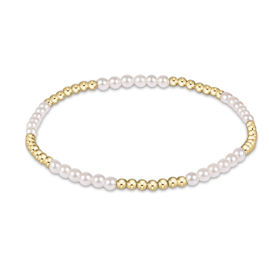 Classic Blissful Pattern bracelet featuring 2.5mm gold-filled beads alternating with 3mm pearls on elastic cord.