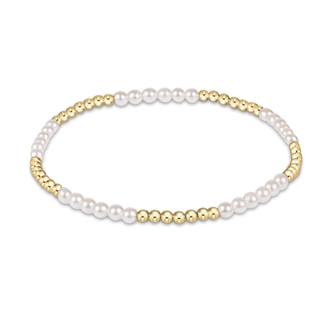 Classic Blissful Pattern bracelet featuring 2.5mm gold-filled beads alternating with 3mm pearls on elastic cord.