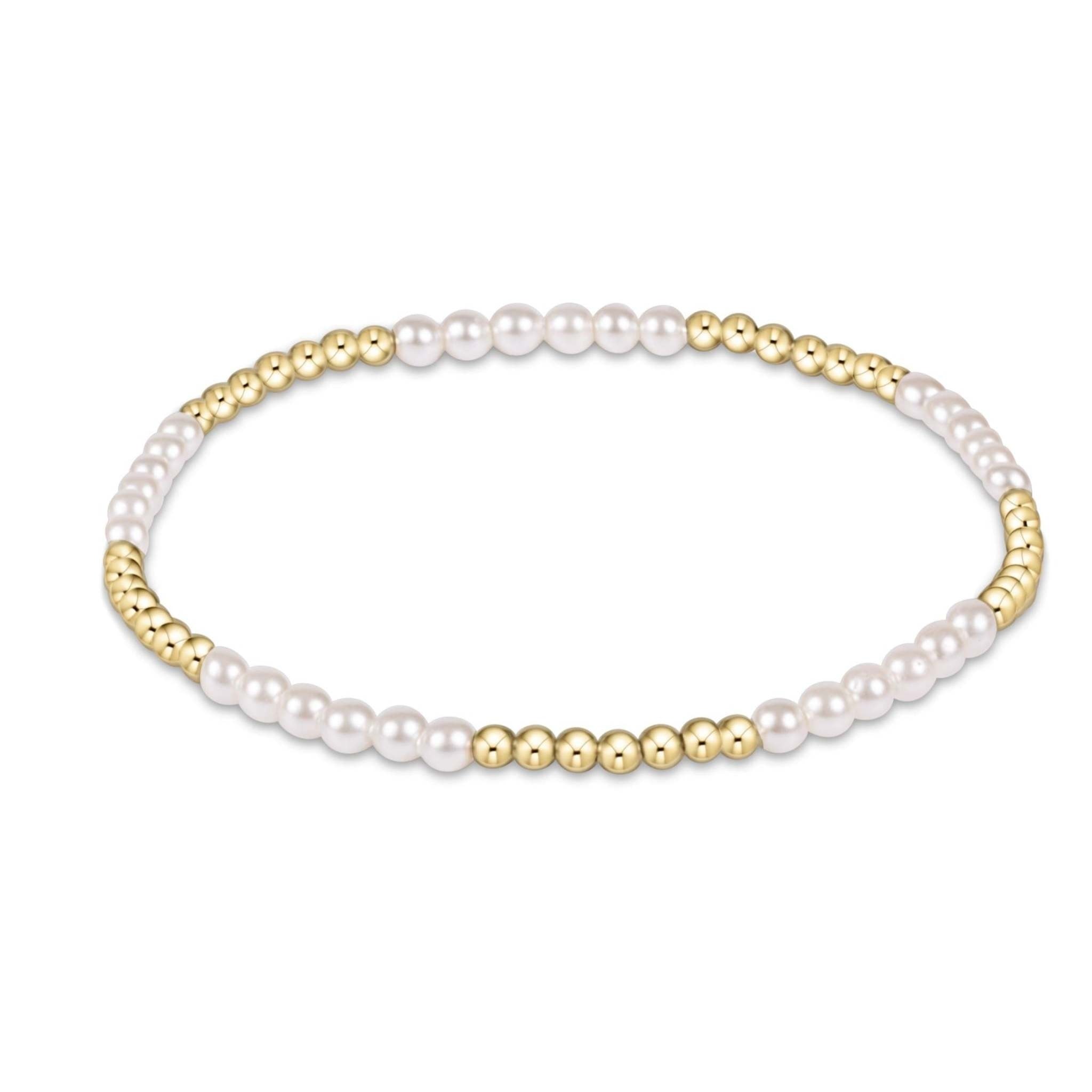 Classic Blissful Pattern bracelet featuring 2.5mm gold-filled beads alternating with 3mm pearls on elastic cord.