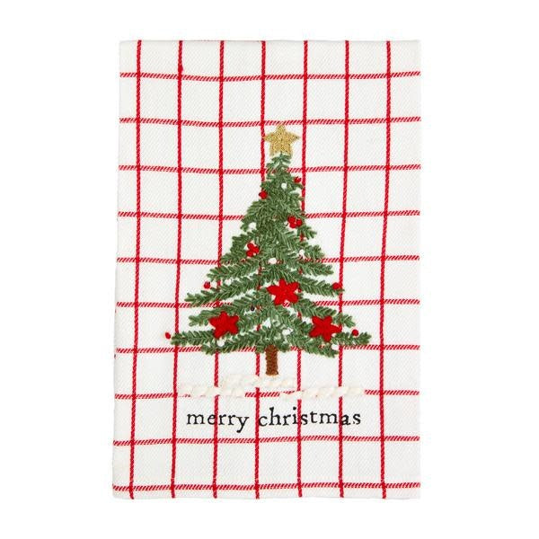 White cotton hand towel with embroidered green Christmas tree on red background