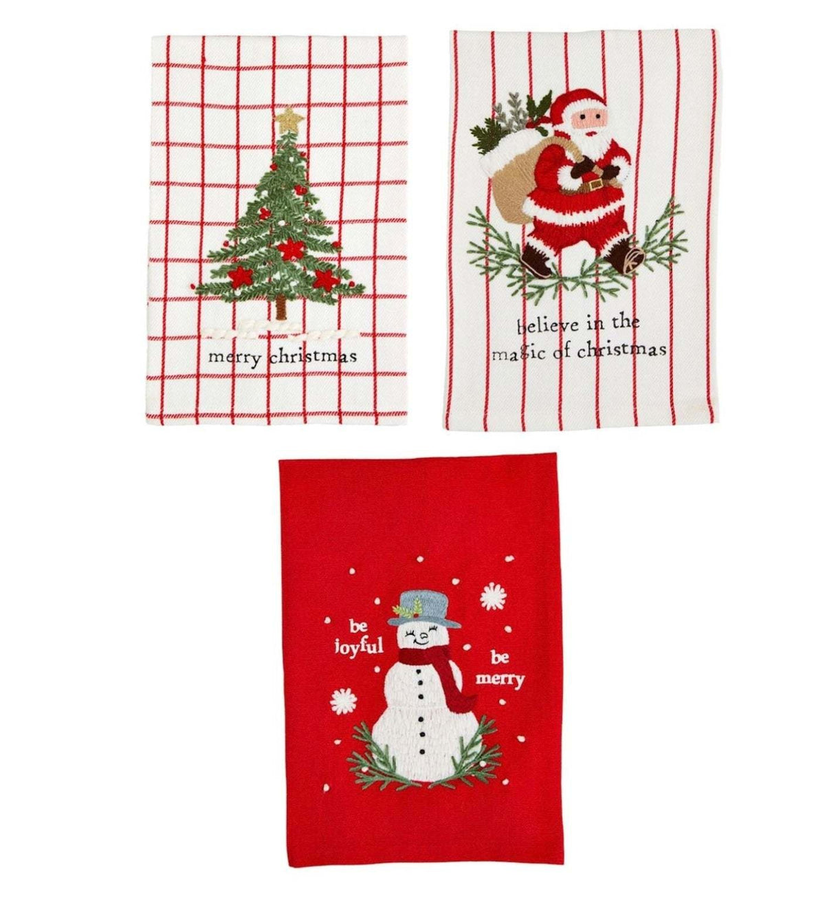 White cotton hand towel with classic Christmas embroidery featuring red holly leaves.