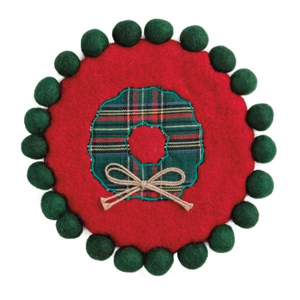 Classic Christmas felted wool trivet with wreath appliqué pattern and pom trim