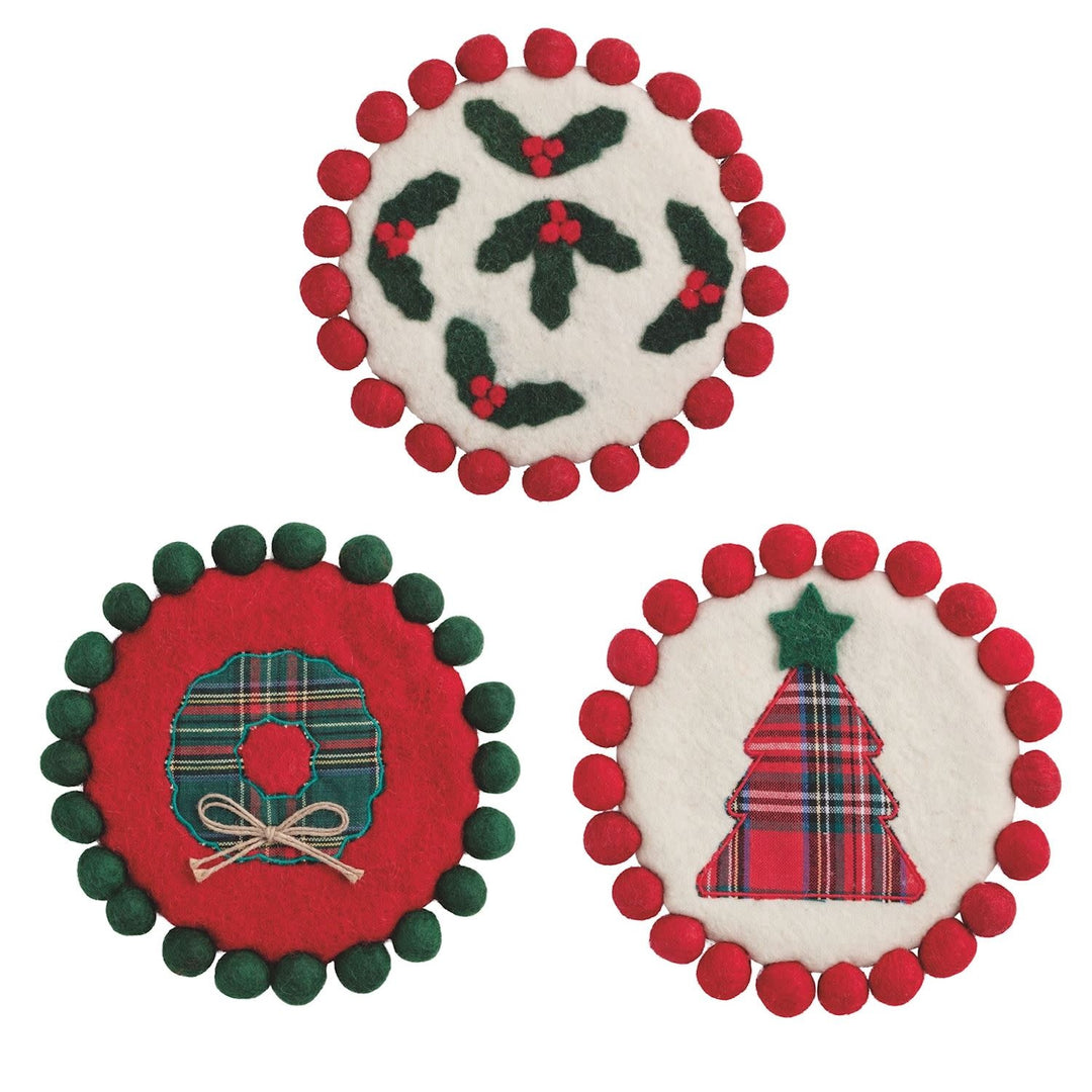 Round classic Christmas felted wool trivet with red pom trim