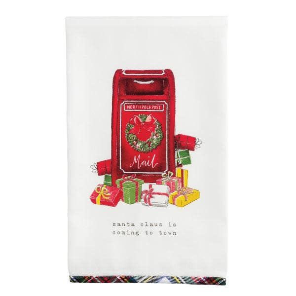 Flour sack towel with Santa sleigh print on red fabric featuring tartan appliqué trim.