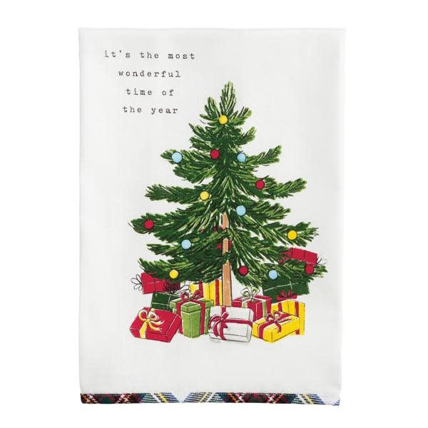 Classic Christmas printed flour sack towel featuring a green tree on white cotton with tartan trim
