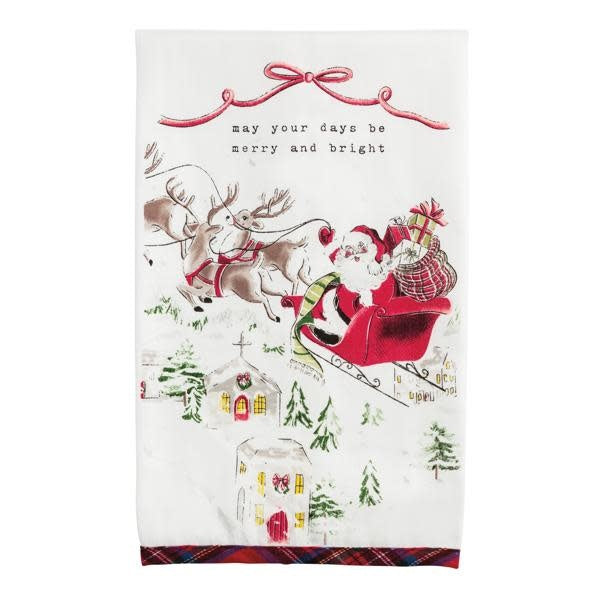 Santa's Sleigh flour sack towel with tartan trim in red cotton