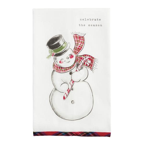 White flour sack towel with Santa sleigh print and tartan trim