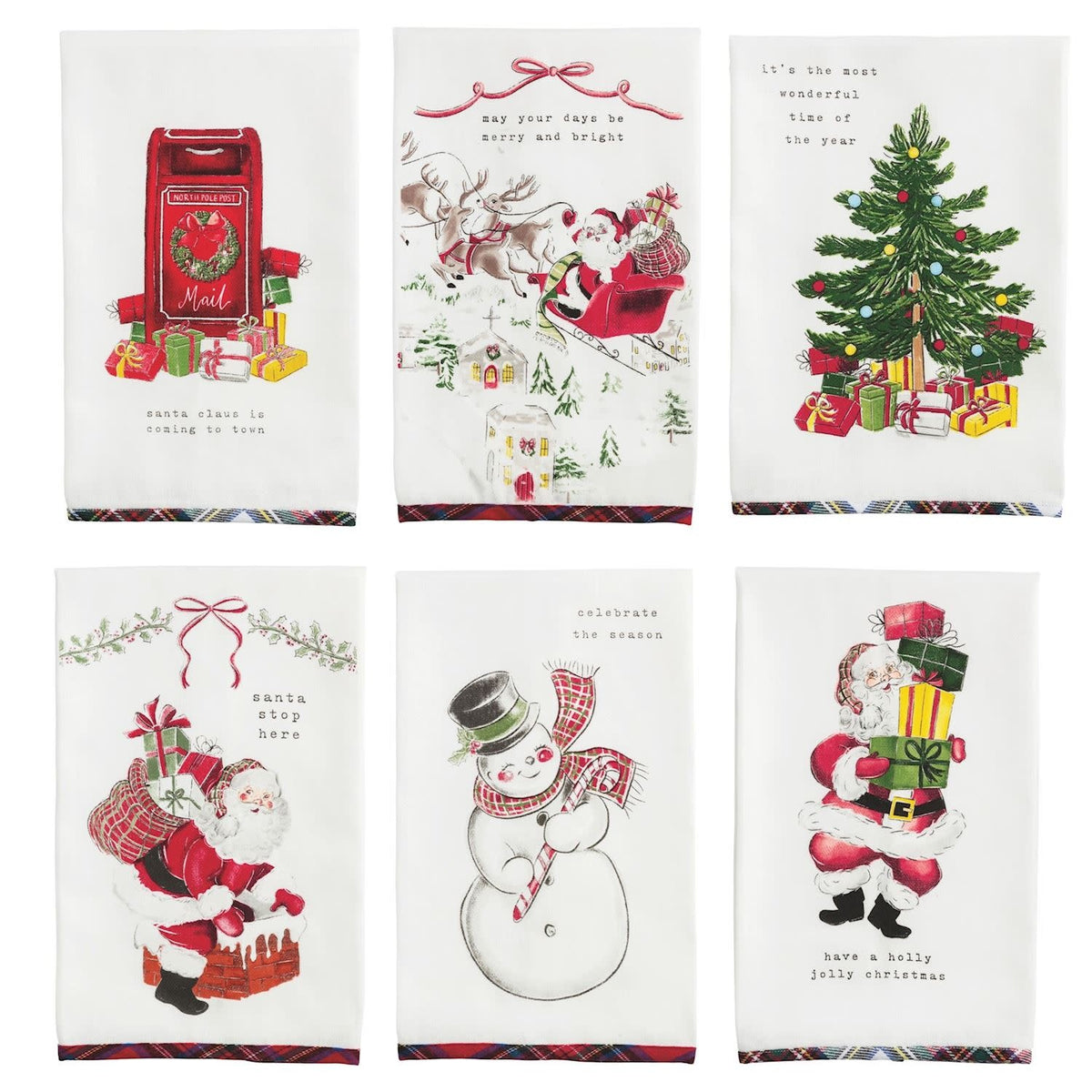 Flour sack towel with Santa sleigh print on red fabric featuring tartan appliqué trim hem
