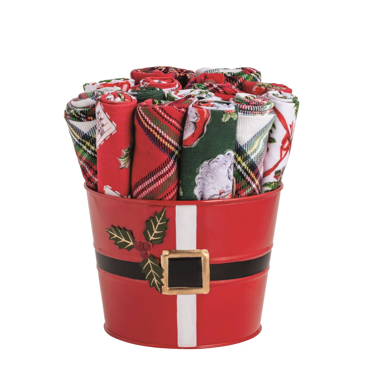 Hand-painted tin bucket holding a white cotton Christmas hand towel with festive red and green pattern.