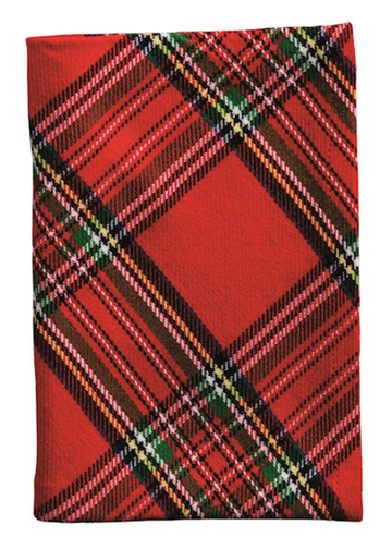 Red tartan cotton hand towel in a classic Christmas tin bucket display