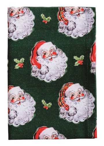 Hand-painted tin bucket holding a red cotton hand towel with classic Christmas Santa pattern.