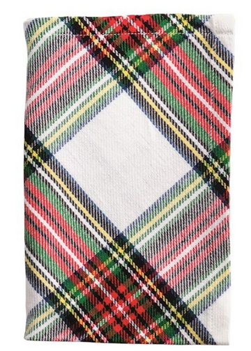 White cotton hand towel with tartan pattern inside a white tin bucket.