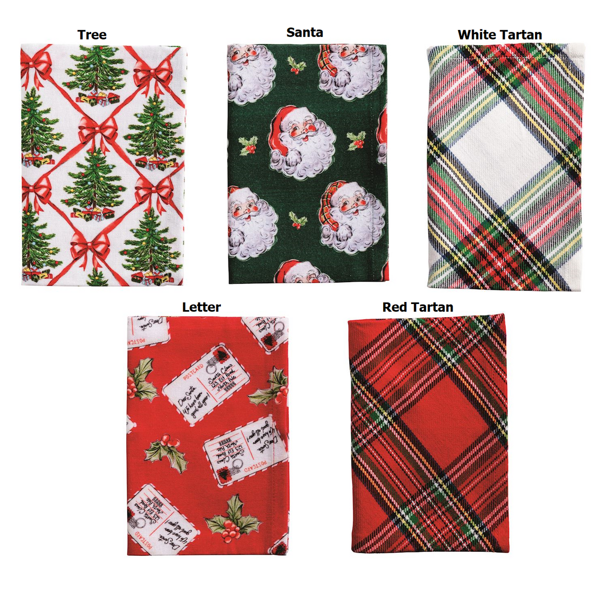 Hand-painted tin bucket holding a red cotton Christmas hand towel with white snowflake pattern.