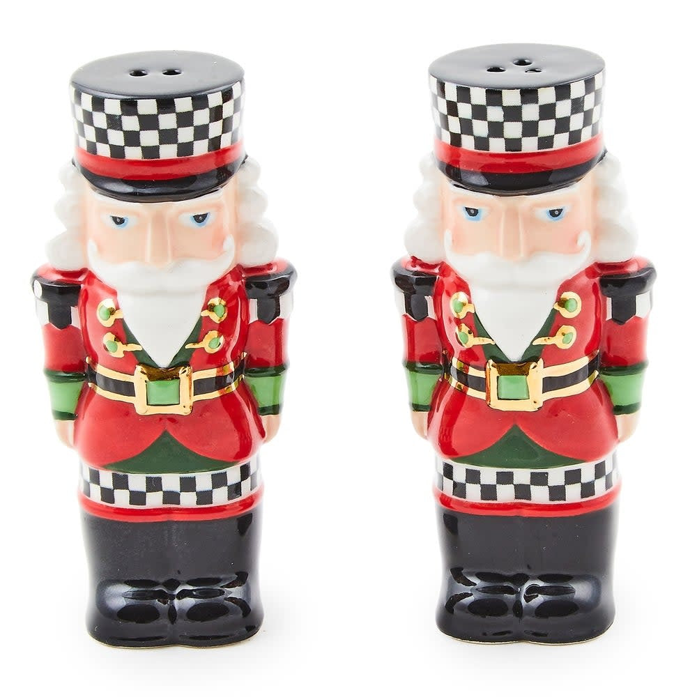 Hand-painted ceramic salt and pepper shakers in red, green checks with gold lustre trim.
