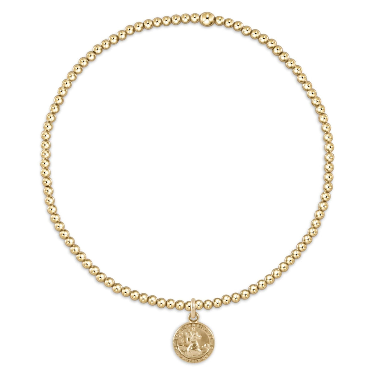 Gold-filled beaded bracelet with a small St. Christopher protection disc on high-performance elastic.