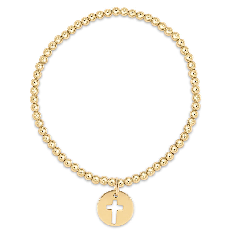 Classic gold bracelet with 3mm beads and a central blessed disc on elastic cord