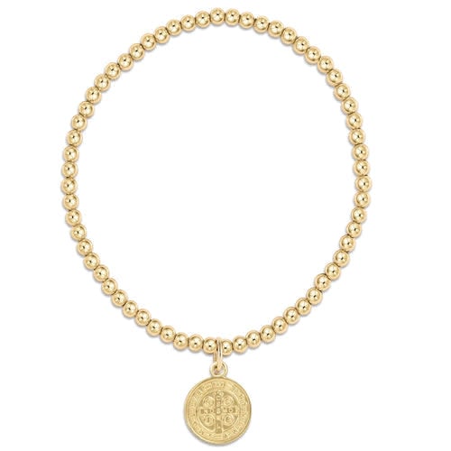 Gold-filled beaded bracelet with a Saint Benedict blessing disc on high-performance elastic.