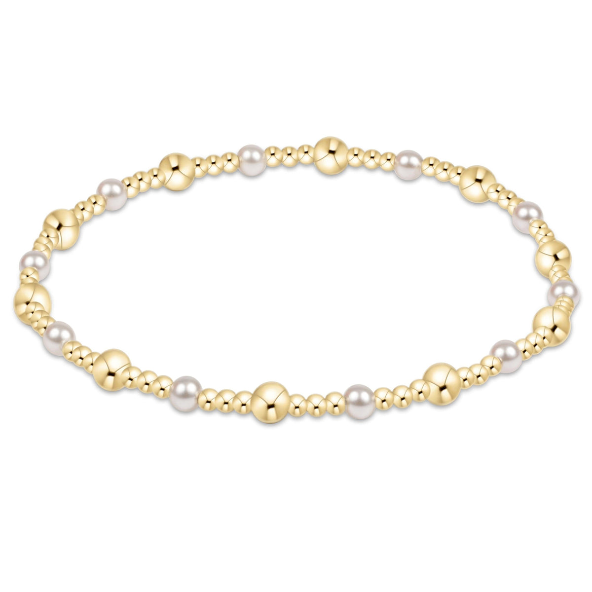Classic gold sincerity pattern bracelet featuring 4mm crystal pearls mixed with small 14kt gold-filled beads on elastic cord.