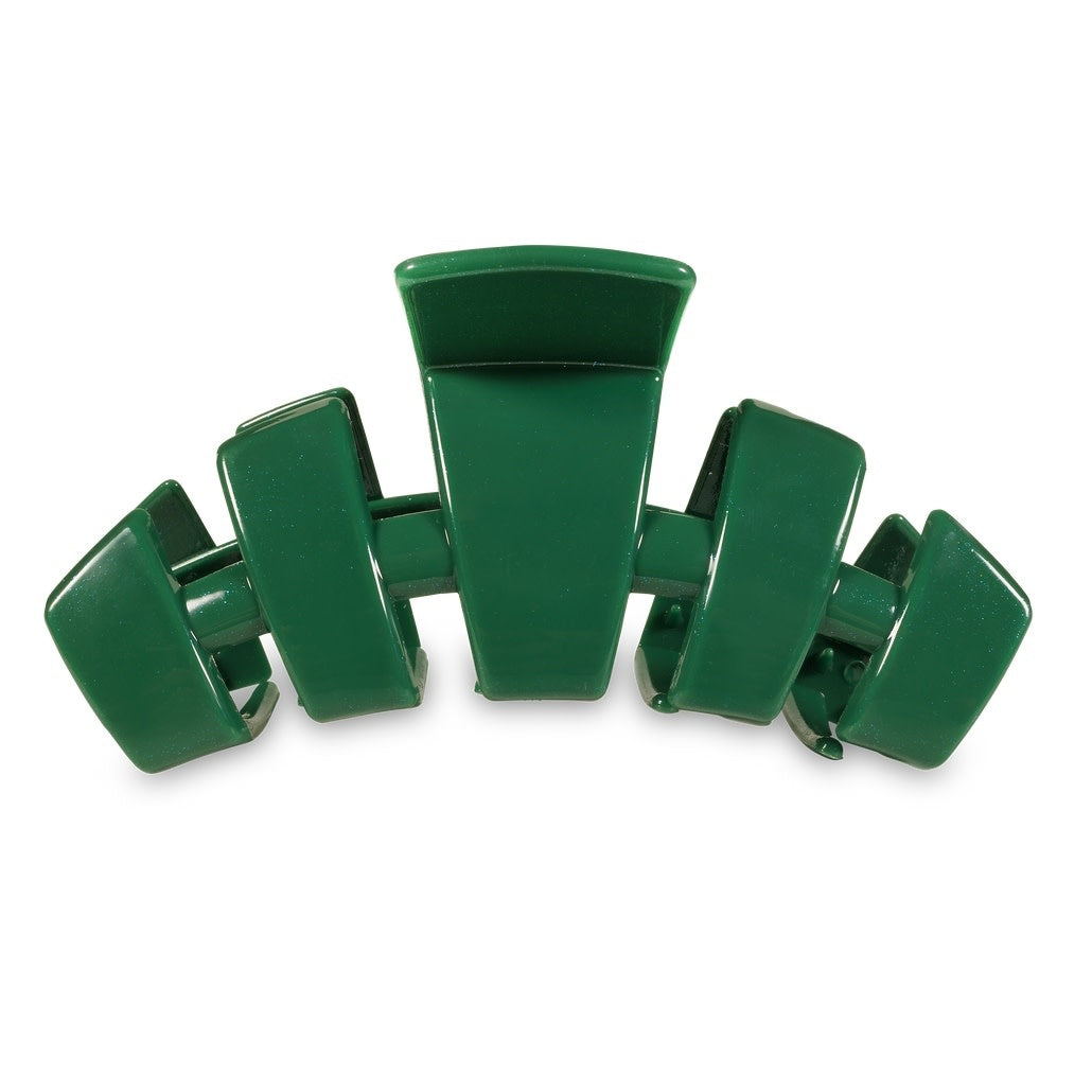 Large mistletoe-colored hair clip with bendable teeth designed for thick hair.