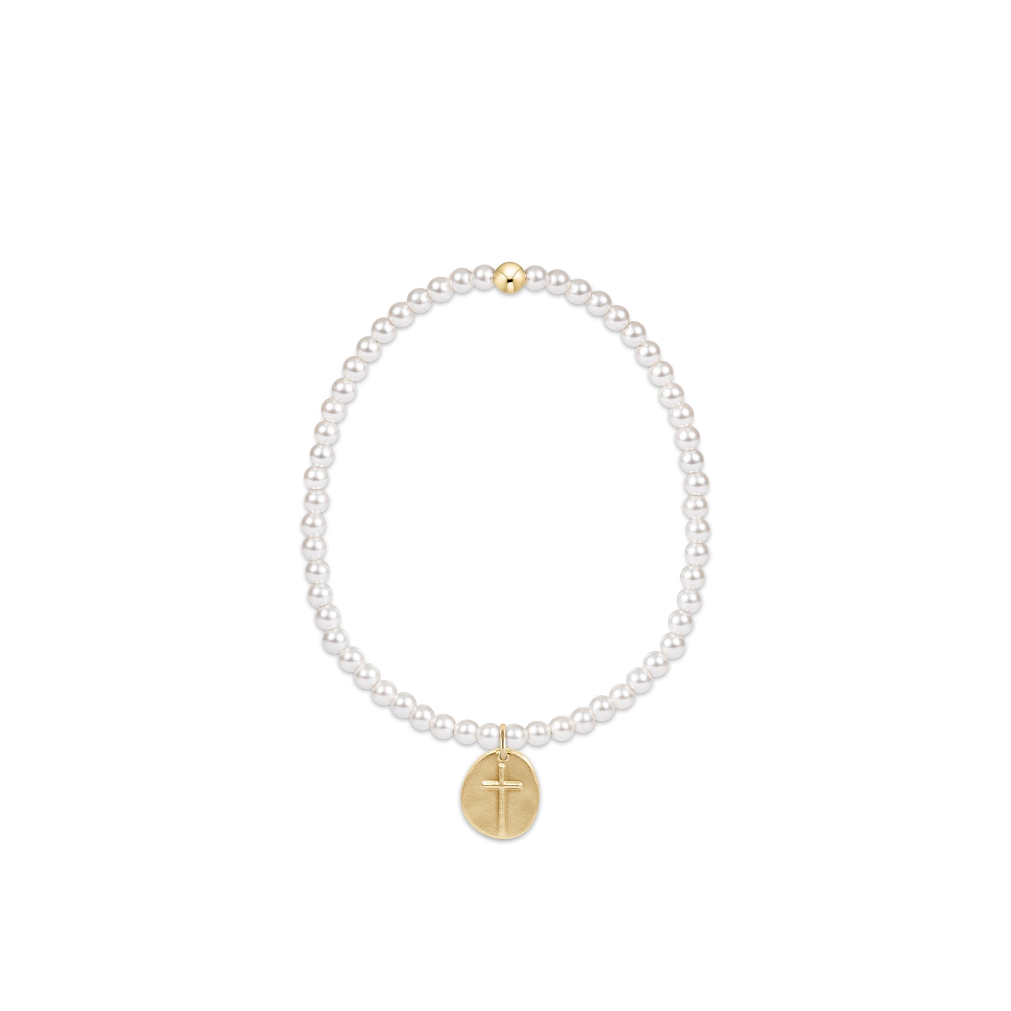 Stretch bracelet with white pearl beads and a small gold cross charm