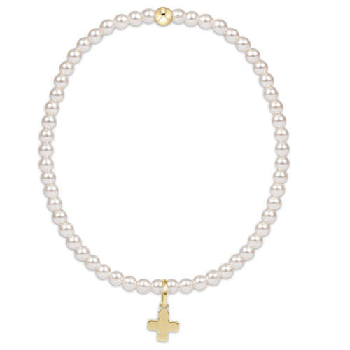 Gold-filled bracelet with three-millimeter pearl beads and an eight-millimeter signature cross charm