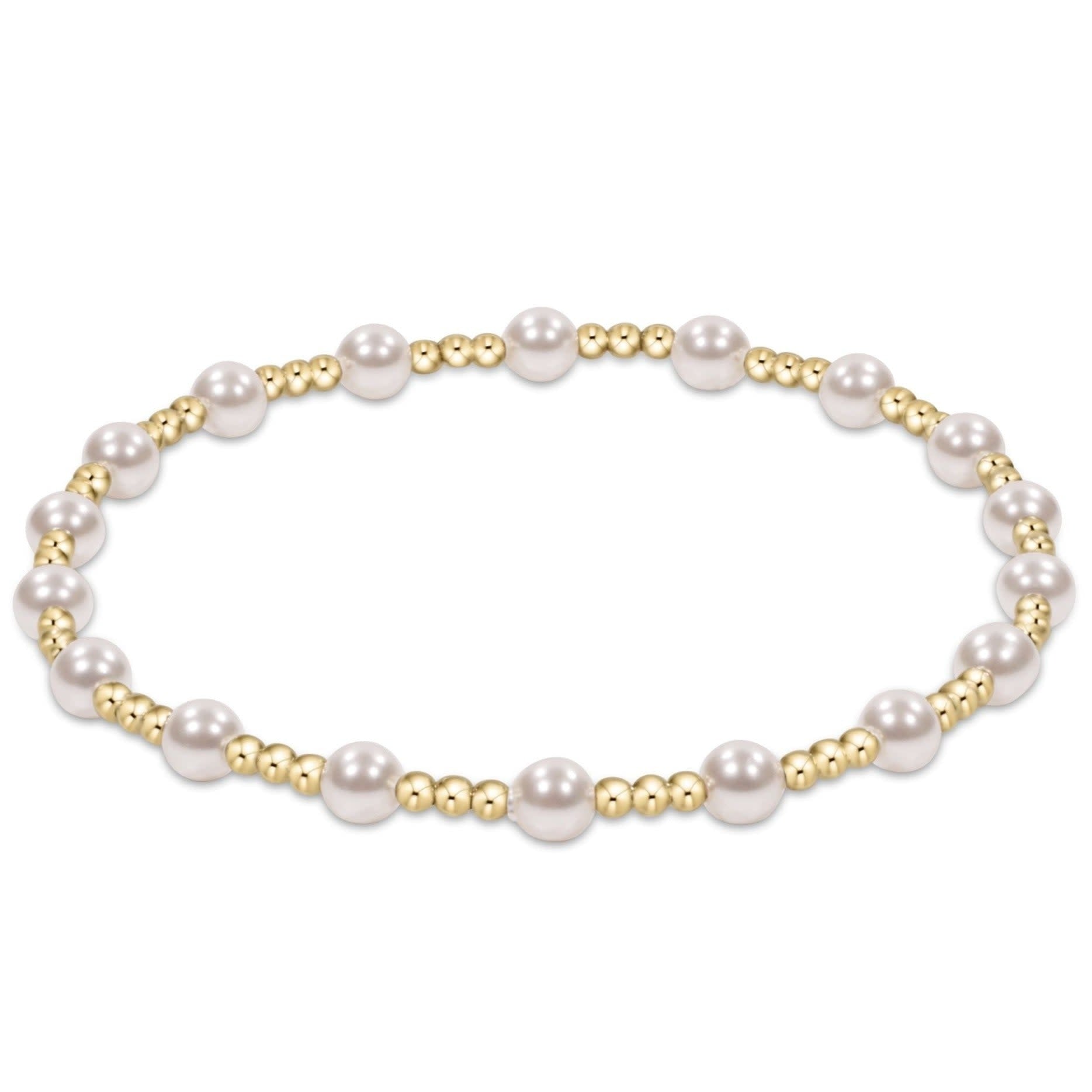 Gold beaded bracelet with alternating 4mm crystal pearls and 2mm beads in a classic sincerity pattern.