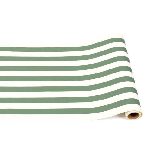 Dark green fabric table runner with classic white stripe pattern.
