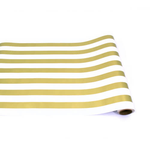 Gold striped table runner with a classic stripe pattern on a neutral background.