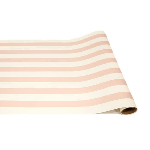 Pink striped table runner with a classic stripe pattern on a white background.