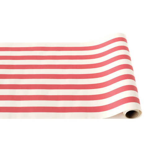 Red fabric table runner with white classic stripe pattern