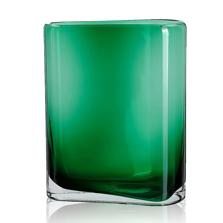 12.4-inch rectangular green glass vase with a thick clear base and gradient emerald hue.