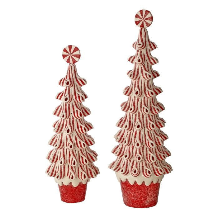 Clay dough peppermint sweets tree with candy cane stripes and swirl patterns in red, white, and green.