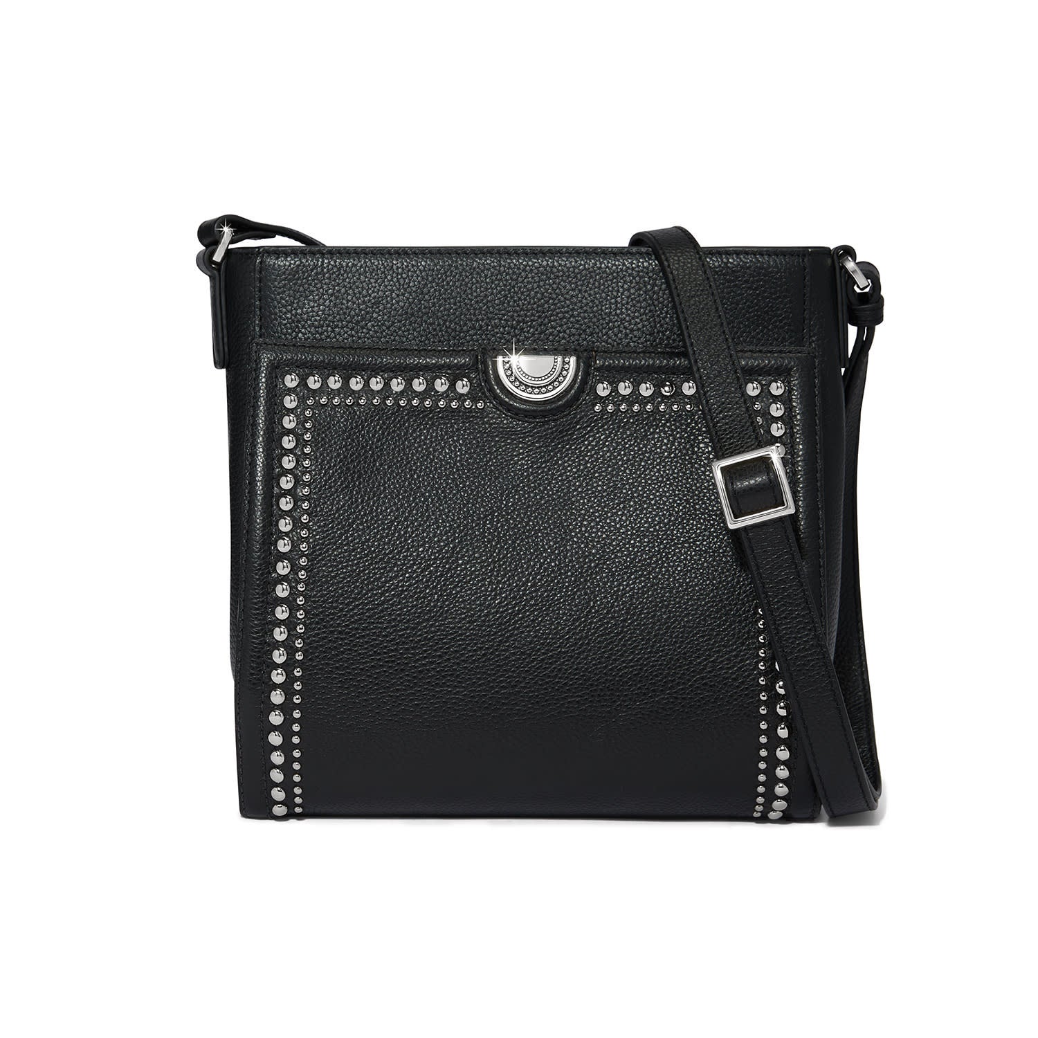 Black leather Clayton organizer bag with adjustable strap, ziptop closure, nailhead trim, and multiple interior pockets.