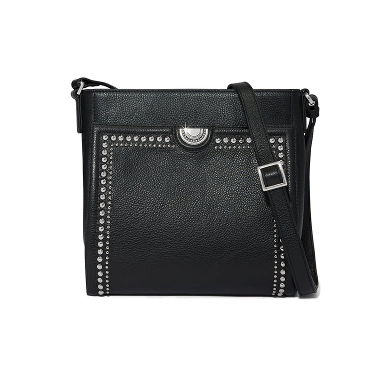 Black leather Clayton organizer bag with adjustable strap, ziptop closure, nailhead trim, and multiple interior pockets.