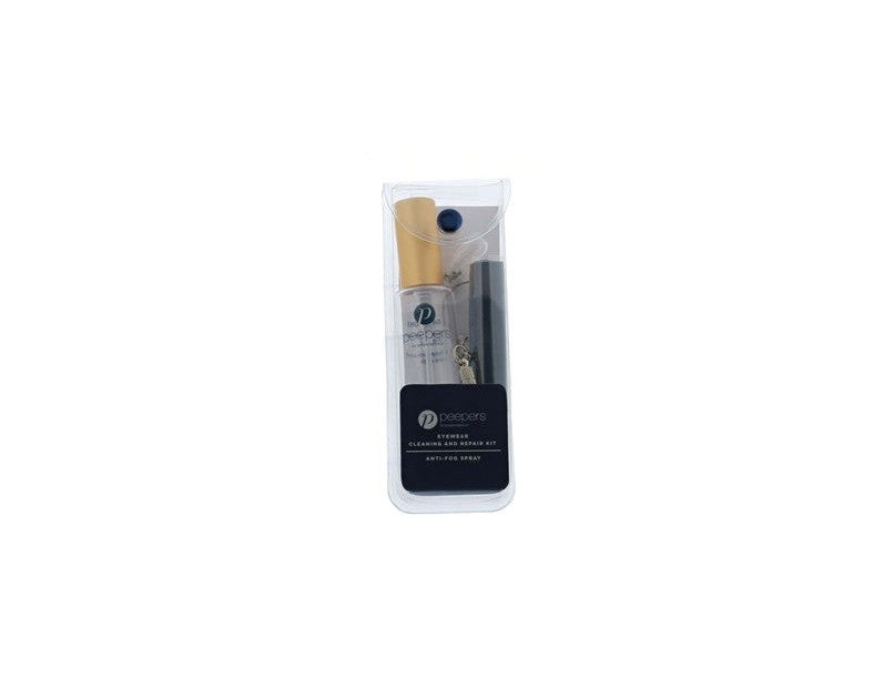 Cleaning kit with lens cleaner bottle, microfiber cloth, spare screws, and mini-screwdriver in a compact case.