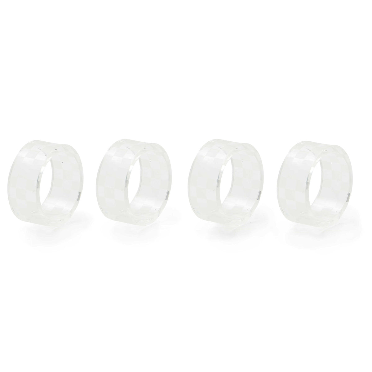 Set of four clear glass napkin rings with a checkered etched pattern.