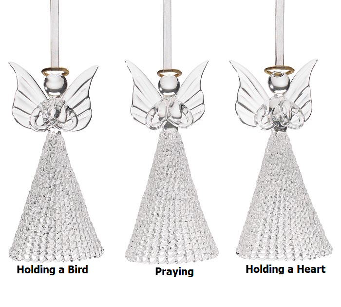Clear glass angel ornament with gold halo and woven dress detail