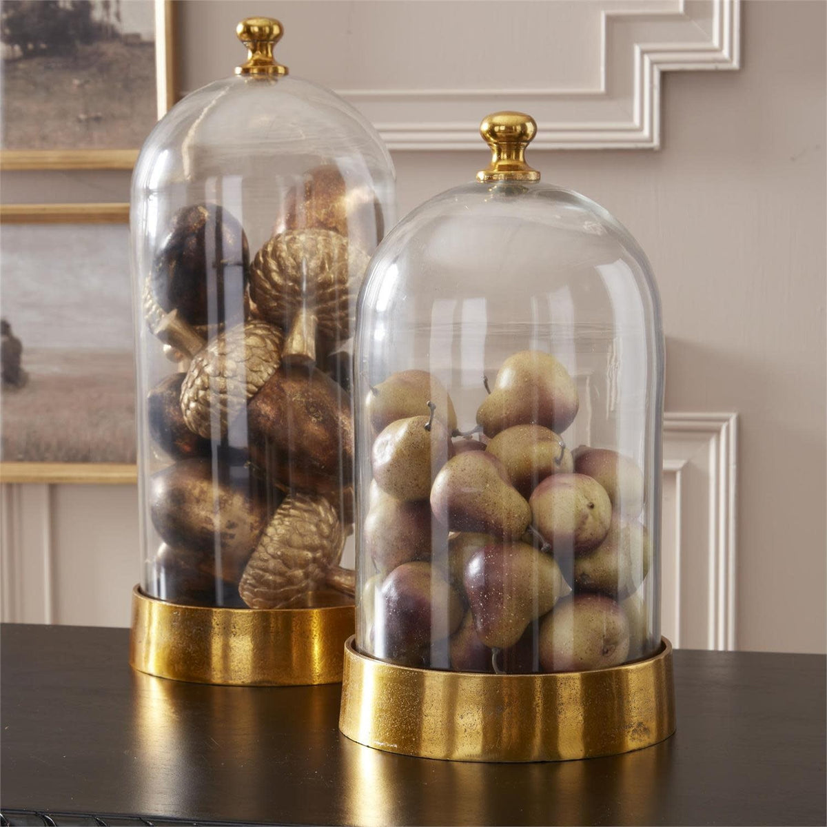 Clear glass cloche with antiqued gold metal base