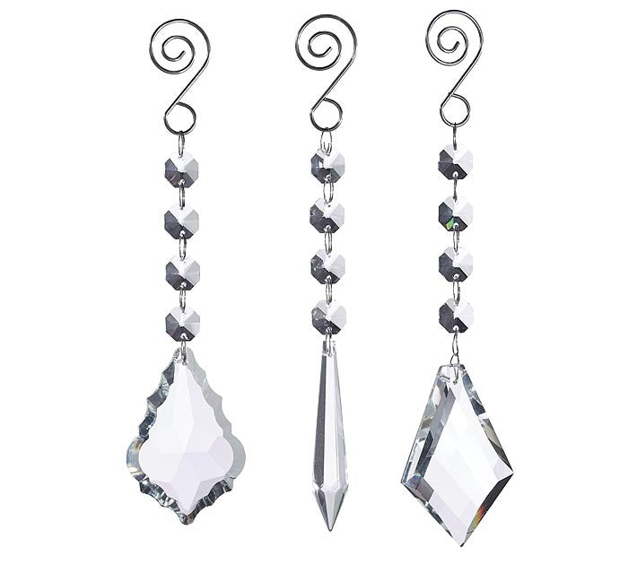 Clear glass octagon bead chandelier ornament with wired swirl top