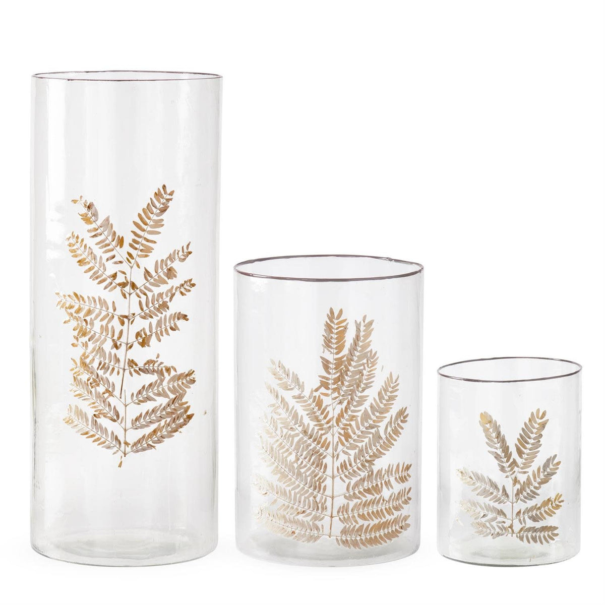 Clear textured glass cylinder vase with dried leaf applique accent