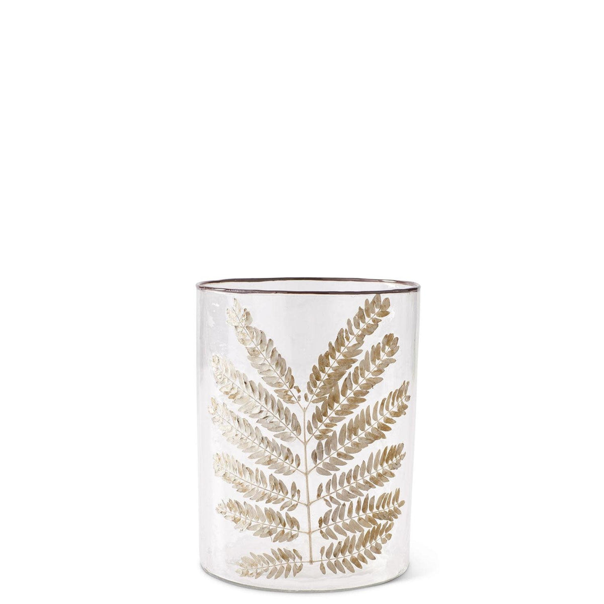 Clear textured glass cylinder vase with dried leaf applique accent