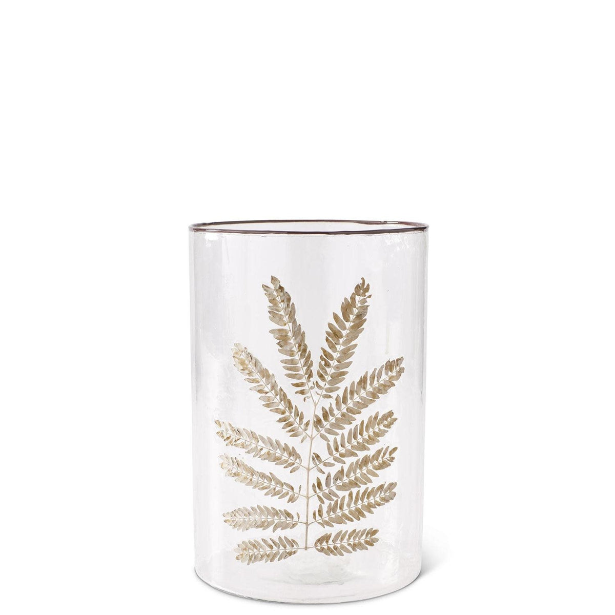 Clear textured glass cylinder vase with dried leaf applique accent