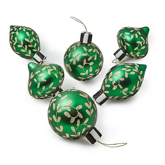 Emerald green glass ornament with gold glittered leaf designs