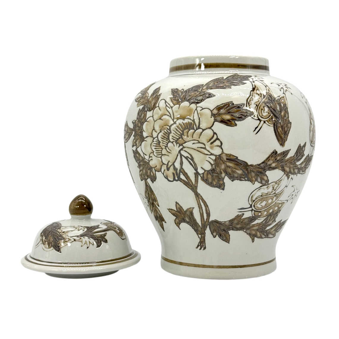 12 inch white and brown floral ceramic chinoiserie jar with matching lid.
