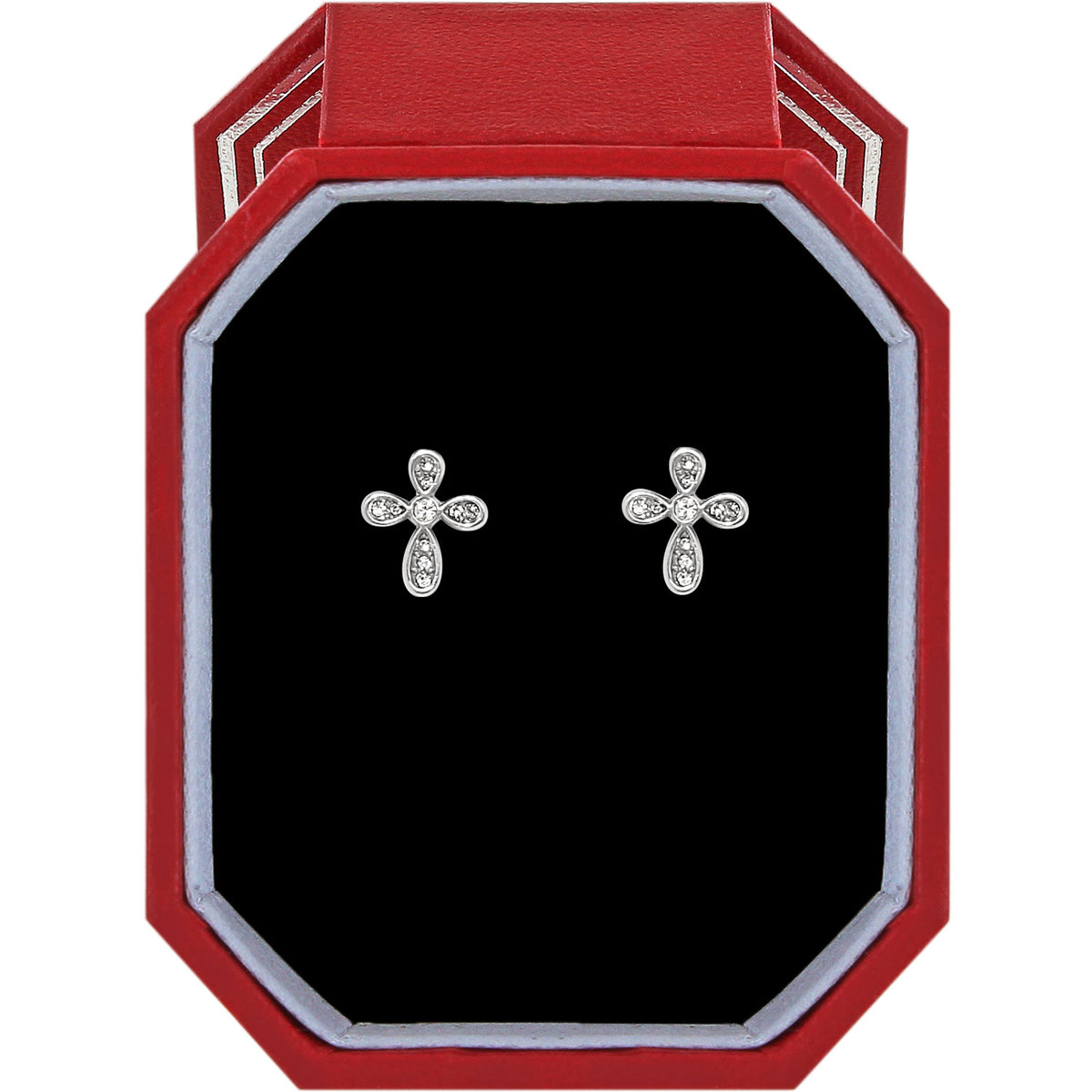 Silver plated enchanting cross post earrings with clear crystals in a red gift box.