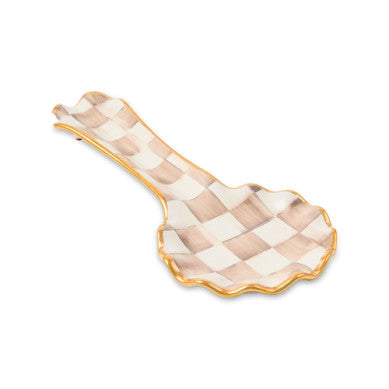 Hand-painted mocha ceramic spoon rest with gold lustre embellishments in a rectangular silhouette.