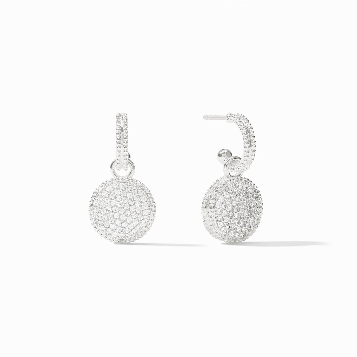 Silver Fleur-de-Lis Hoop & Charm Earrings with glittering gemstone pavé on a round charm.