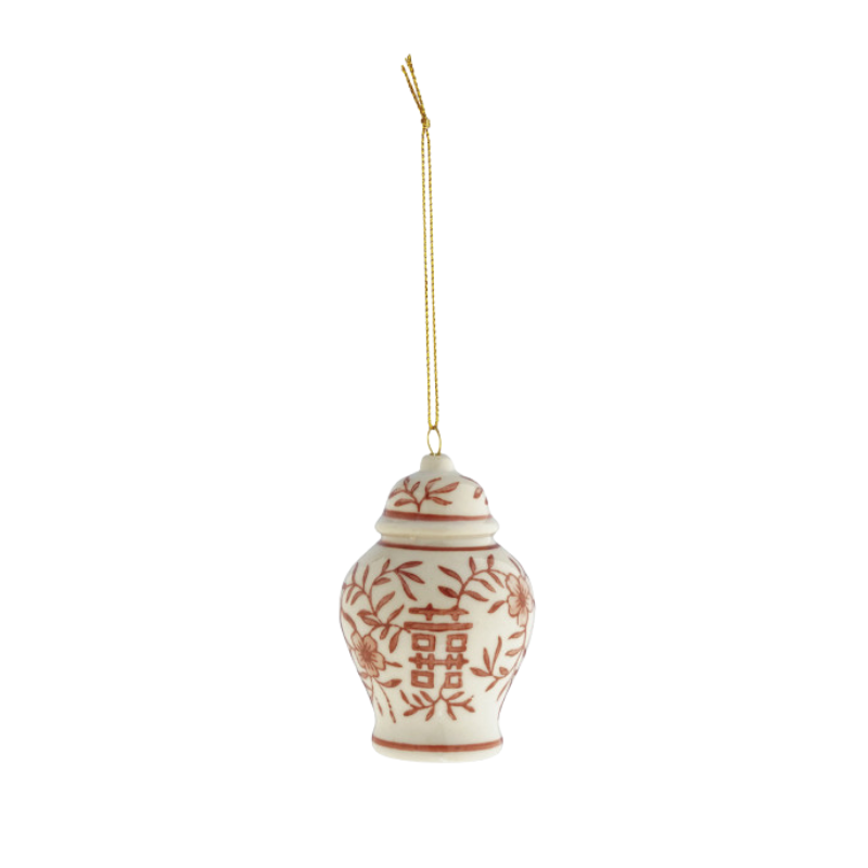 Hand-painted burgundy and white stoneware ginger jar ornament with floral and character details.