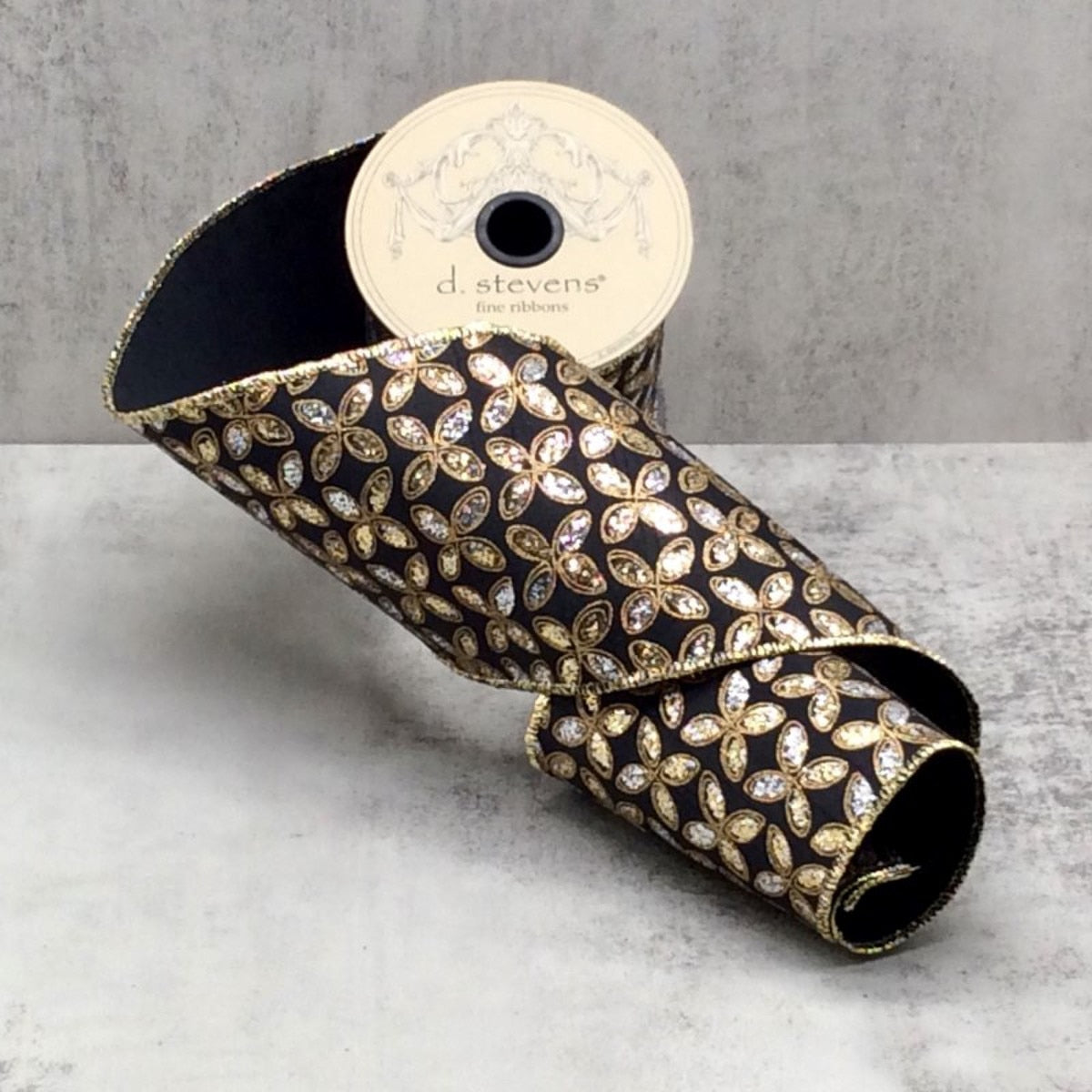Black taffeta ribbon with gold glitter floral pattern