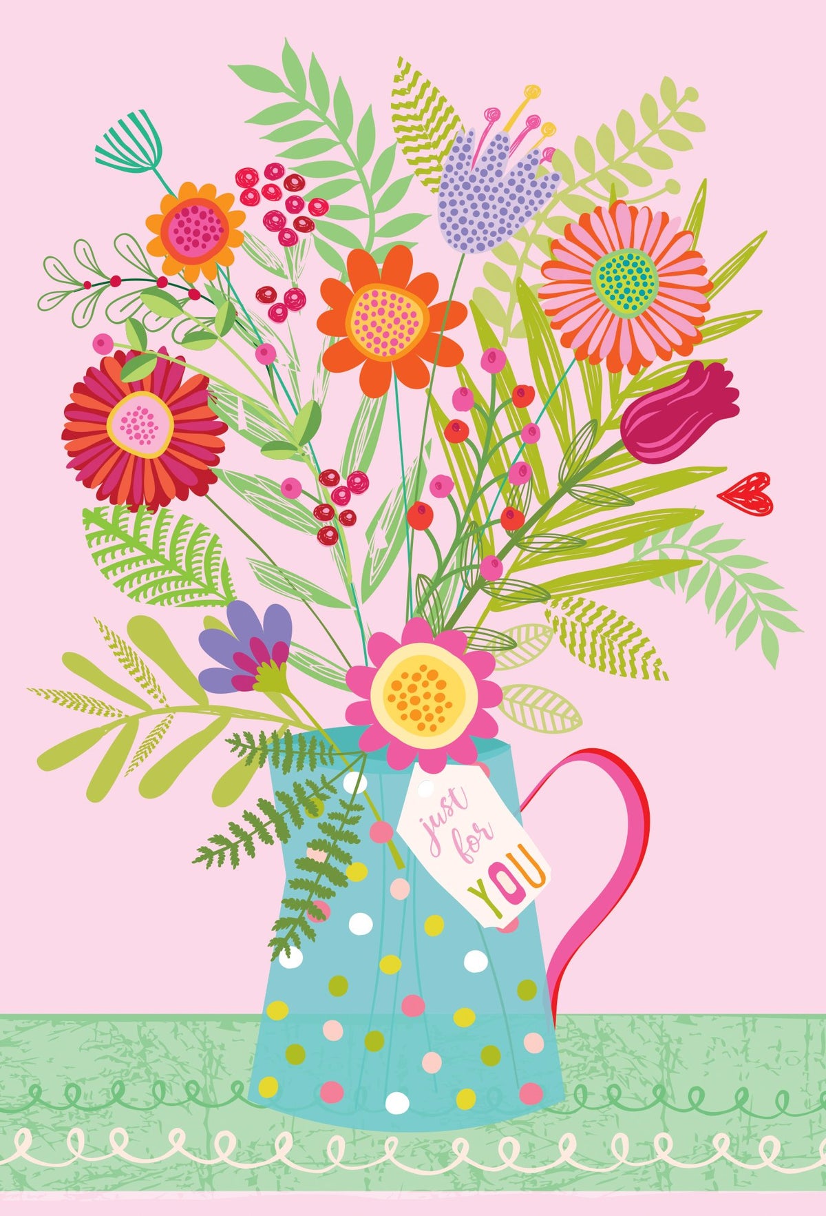 A cheerful bouquet of colorful, stylized flowers in a blue polka dot pitcher with a "just for YOU" tag.